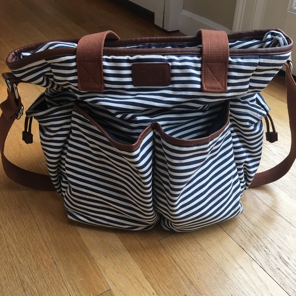 blue and white striped diaper bag
